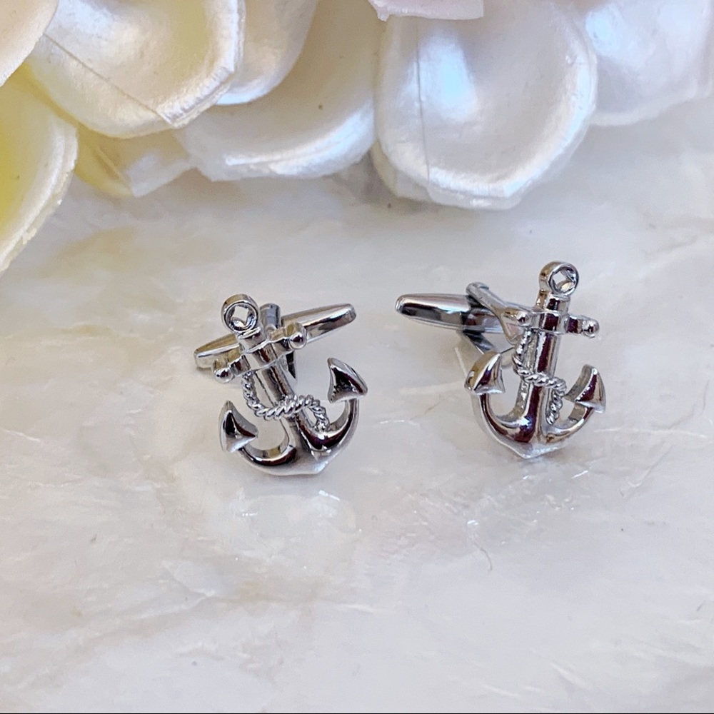 Tiebar Silver Tone Anchor Mens Cufflinks Groom